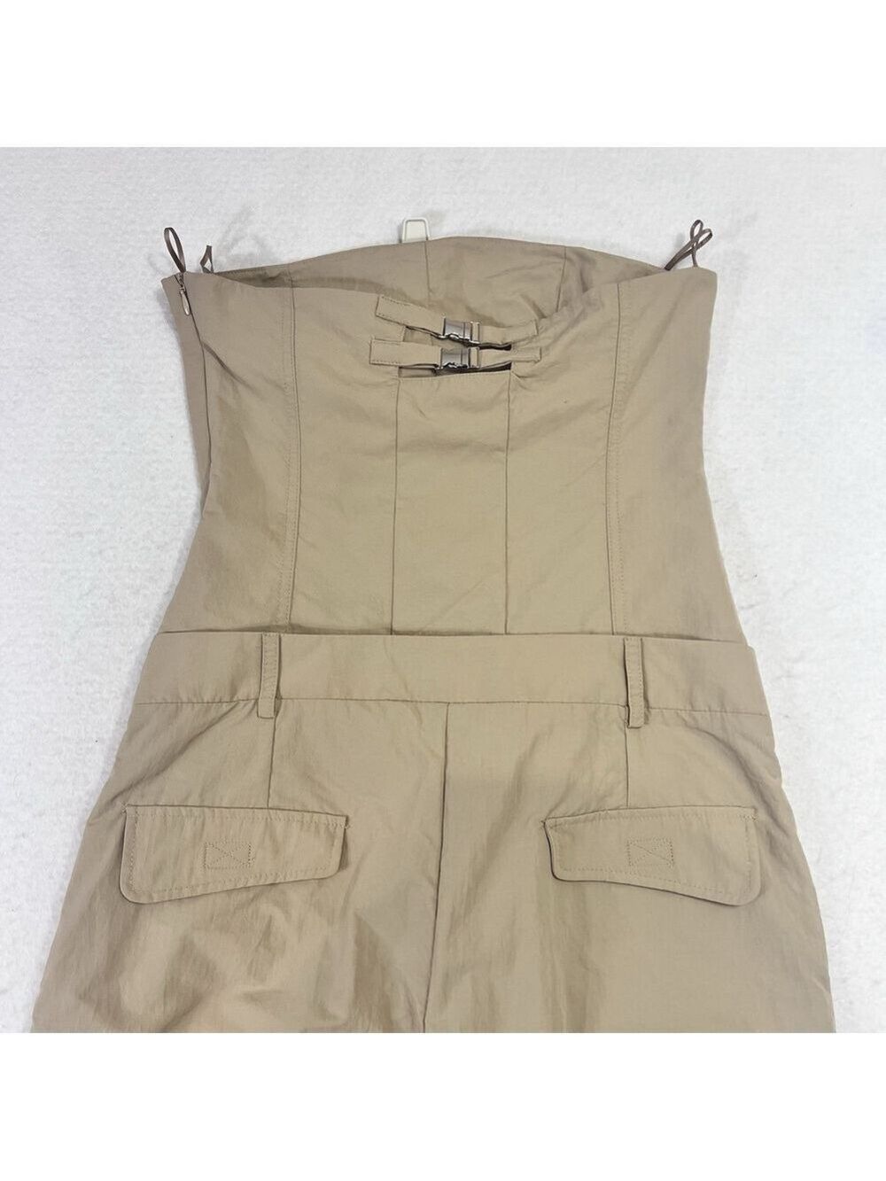 Zara Strapless Jumpsuit Off The Shoulder Wide Leg Khaki Size S Blogger Fav New - Picture 5 of 16